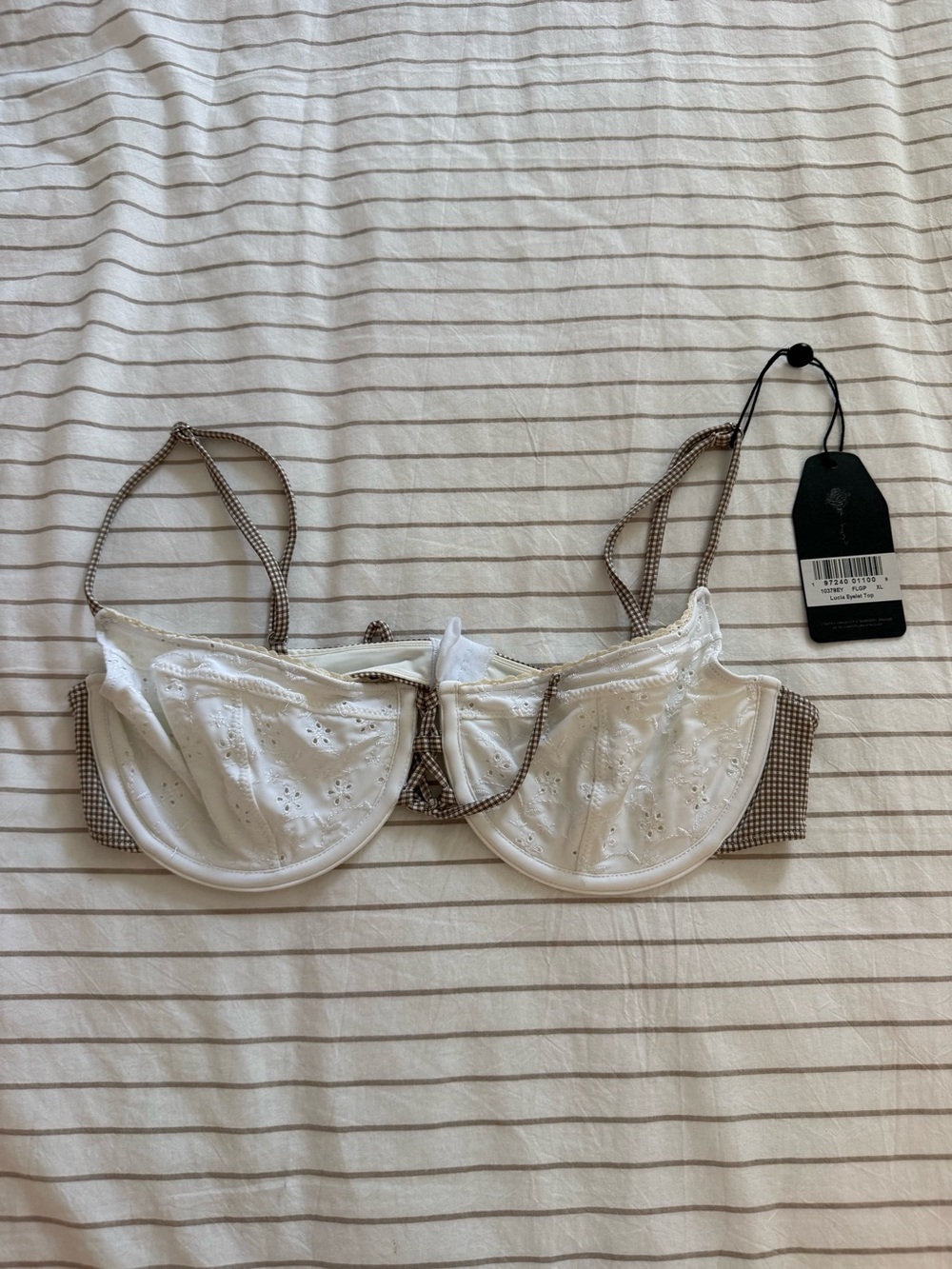 Frankie's Bikinis White Eyelet Underwire Bralette with Brown Gingham Trim